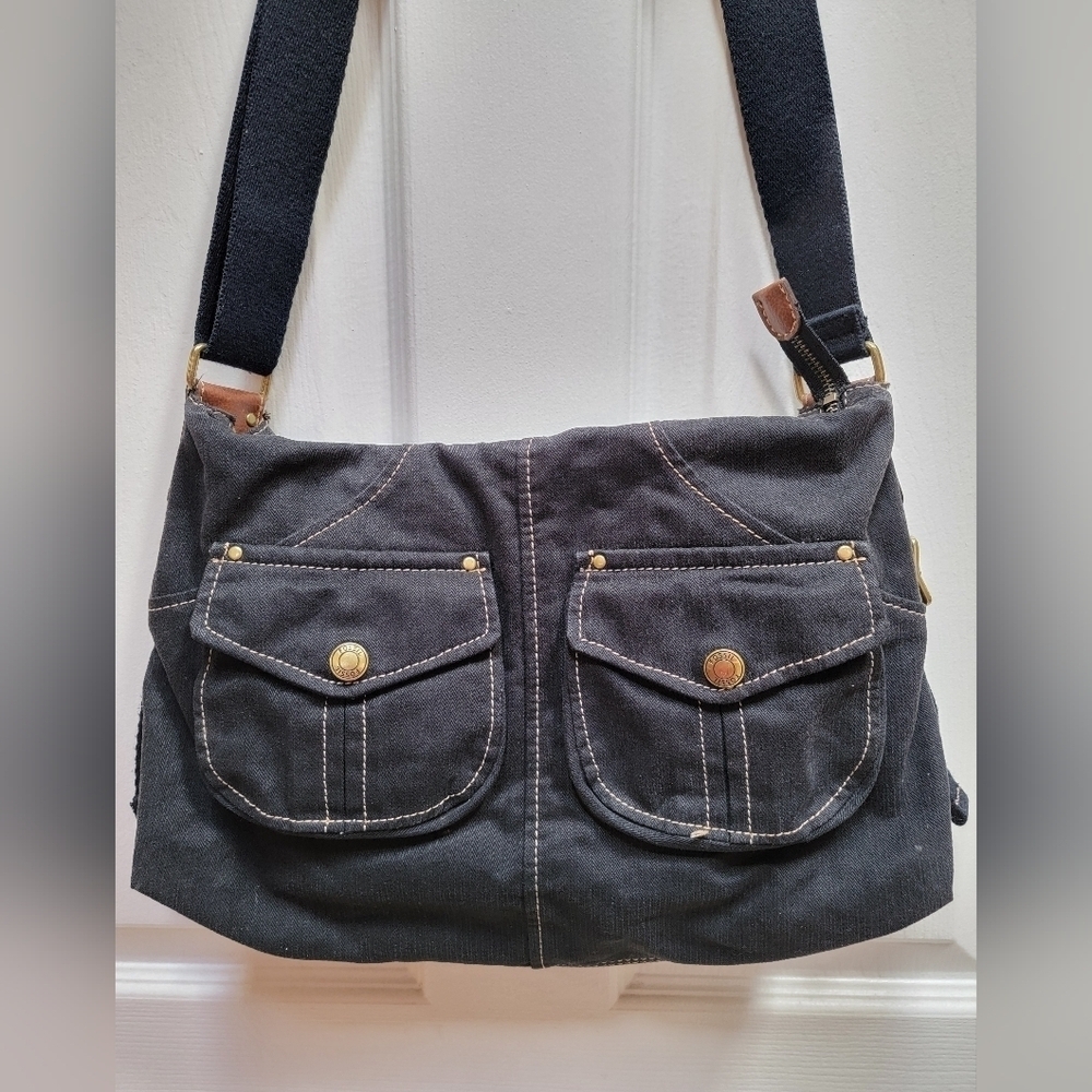 Fossil Navy Blue Canvas Crossbody Bag with Front Pocket Flaps
